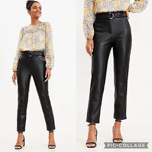 ANN TAYLOR LOFT BELTED SLIM TAPER PANTS BLACK Faux Leather Women’s 12 Belted